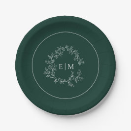 Plato De Papel Boda en monograma del Escudo de esmeralda verde mo