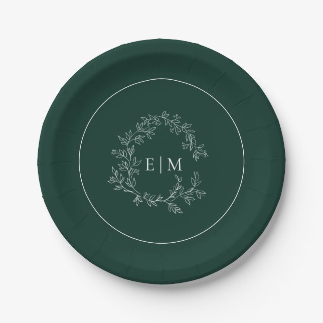 Plato De Papel Boda en monograma del Escudo de esmeralda verde mo (Anverso)