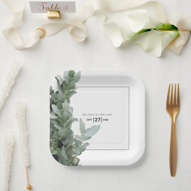 Plato De Papel Boda Eucalyptus del dólar plateado (Boda)