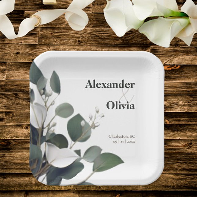 Plato De Papel Boda Eucalyptus Moderno (Modern Eucalyptus Wedding Paper Plates)