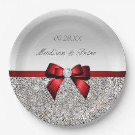 Plato De Papel Boda Faux Silver Personalizado Secuencias Red Bow