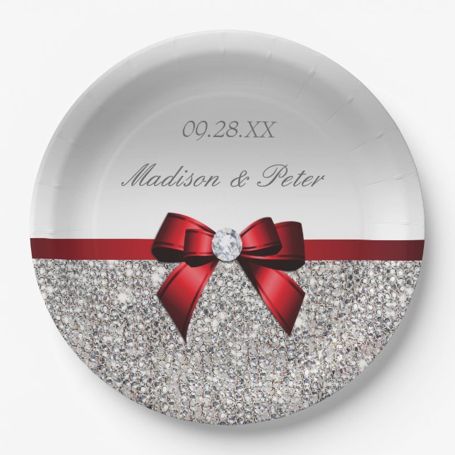 Plato De Papel Boda Faux Silver Personalizado Secuencias Red Bow (Anverso)