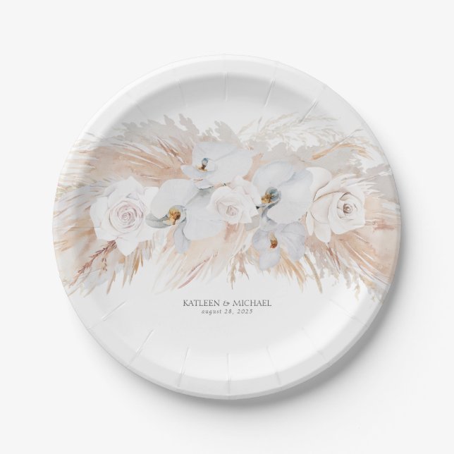 Plato De Papel Boda Feathery Pampas Grass y White Orchids (Anverso)