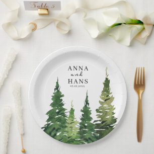 Plato De Papel Boda festivo de árbol de navidad acuarela