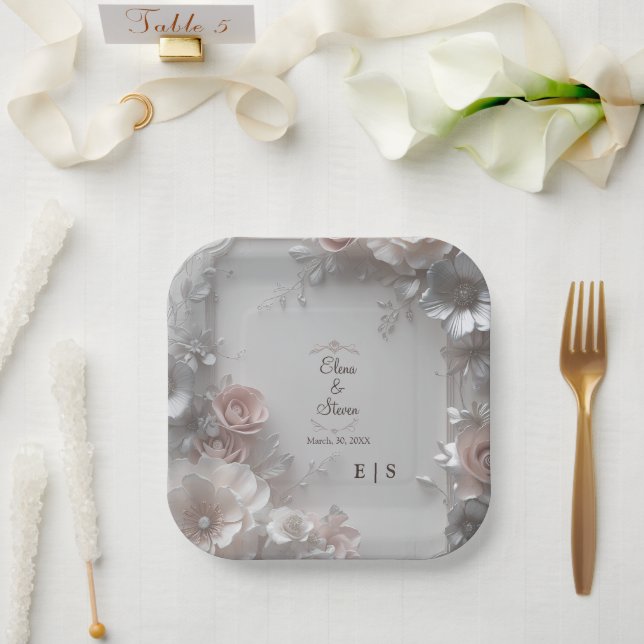 Plato De Papel Boda Floral 3D Rústica Elegante  (Boda)
