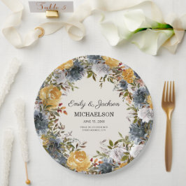 Plato De Papel Boda Floral Acuarela Amarillo Azul Novia Novio