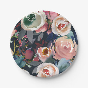 Plato De Papel Boda floral acuarela azul oscuro y rosa rubor