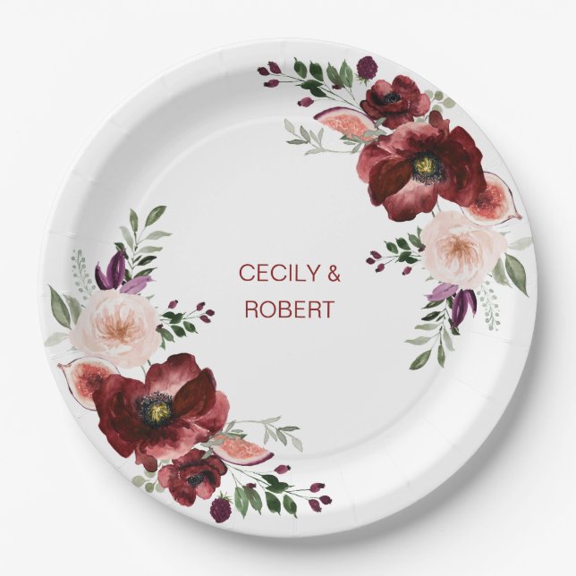 Plato De Papel Boda floral acuarela boho de otoño (Anverso)