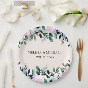 Plato De Papel Boda floral acuarela rosa, púrpura y verde