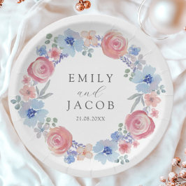 Plato De Papel Boda floral acuarela rosa y azul romántica