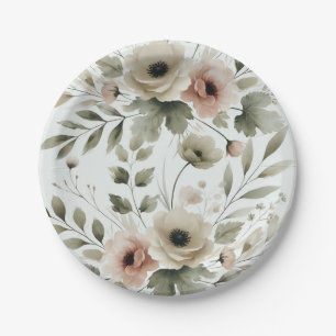 Plato De Papel Boda floral acuarela verde oliva caqui