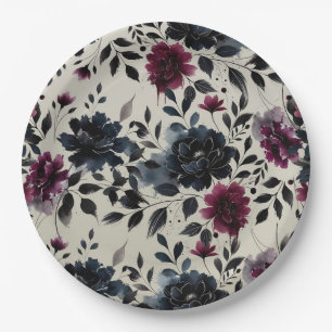 Plato De Papel Boda Floral Almendra Azul Medianoche Borgoña Tinta