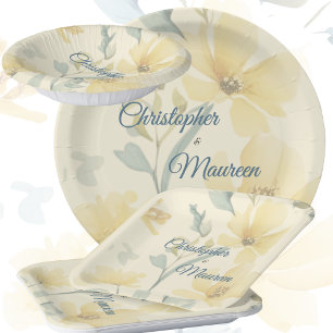 Plato De Papel Boda floral azul amarillo blanda amarillo de mante