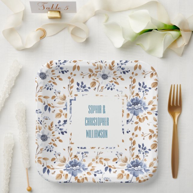 Plato De Papel Boda floral azul blanco (Boda)