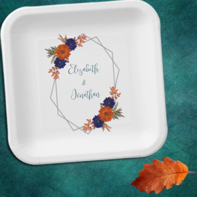 Plato De Papel Boda floral azul de la Marina Naranja de otoño rus (Subido por el creador)