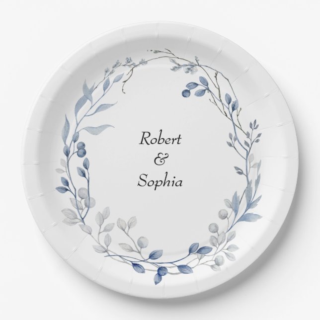 Plato De Papel Boda Floral Azul Dusty (Anverso)