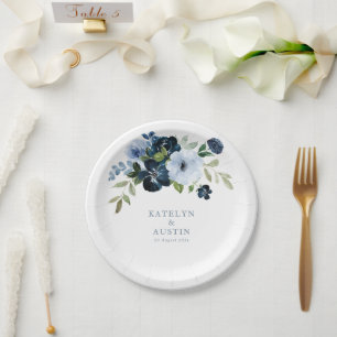 Plato De Papel boda floral azul marino y azul claro