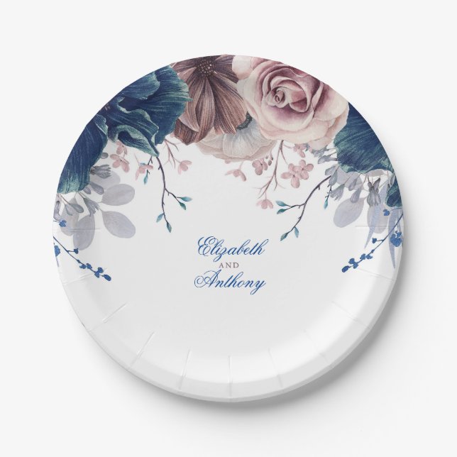 Plato De Papel Boda floral azul marino y malva (Anverso)