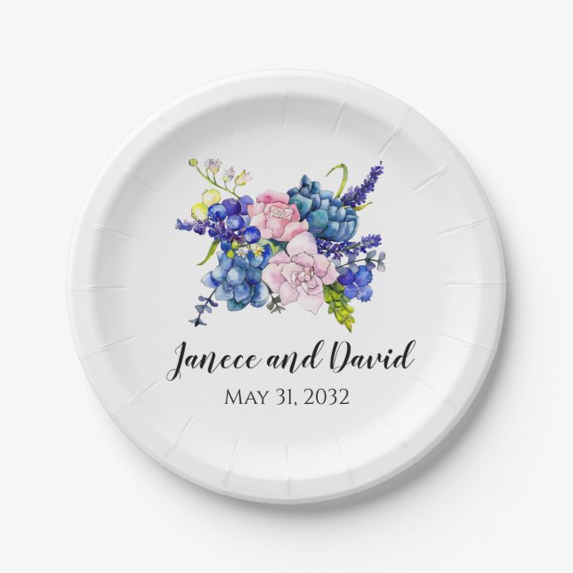 Plato De Papel Boda Floral Azul Placas de papel Flores Jardín (Anverso)