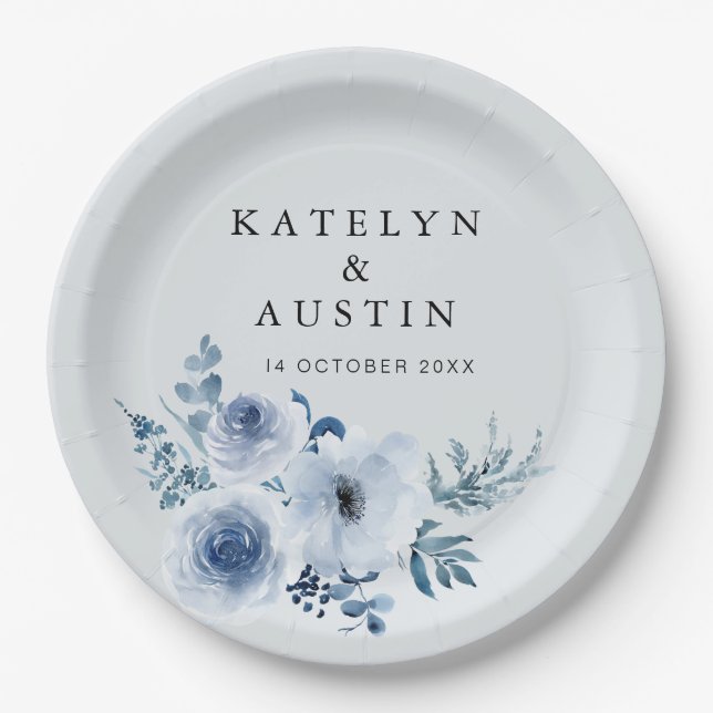 Plato De Papel boda floral azul polvoriento  (Anverso)