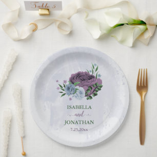 Plato De Papel Boda floral azul polvoriento morado