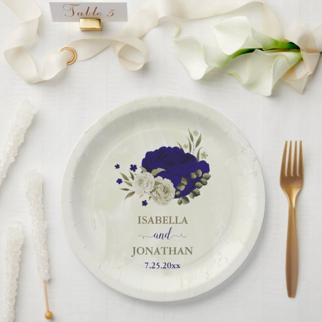 Plato De Papel Boda floral beige azul real (Boda)
