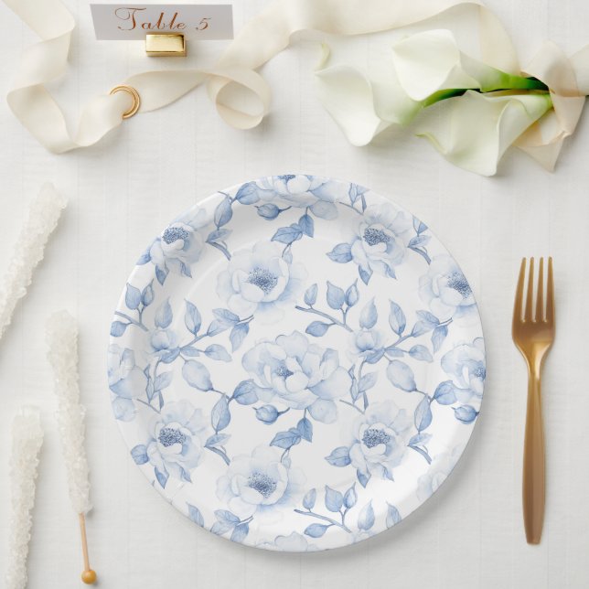 Plato De Papel Boda floral blanca azul chic (Boda)