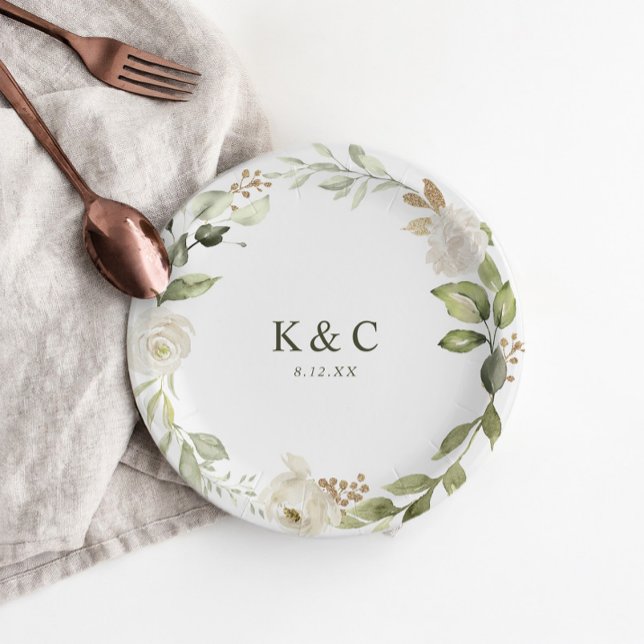 Plato De Papel Boda  Floral Blanca Bridal Shower (Elegant paper plate with a greenery and white floral border, personalized with couple's initials.)