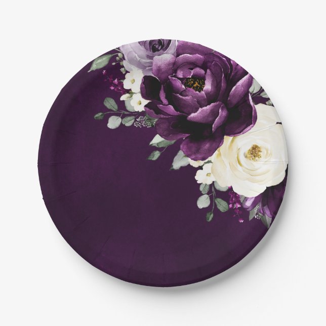 Plato De Papel Boda Floral Blanca De Marfil De Púrpura De Oberenj (Anverso)