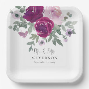 Plato De Papel Boda floral blanca de Sr y Sra Magenta Rubor