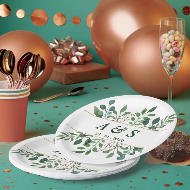Plato De Papel Boda floral blanca verde (Multi)
