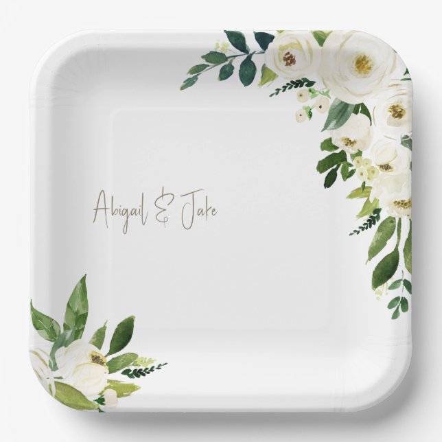 Plato De Papel Boda floral blanco (Anverso)
