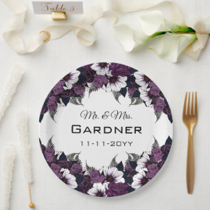 Plato De Papel Boda floral blanco morado moderno