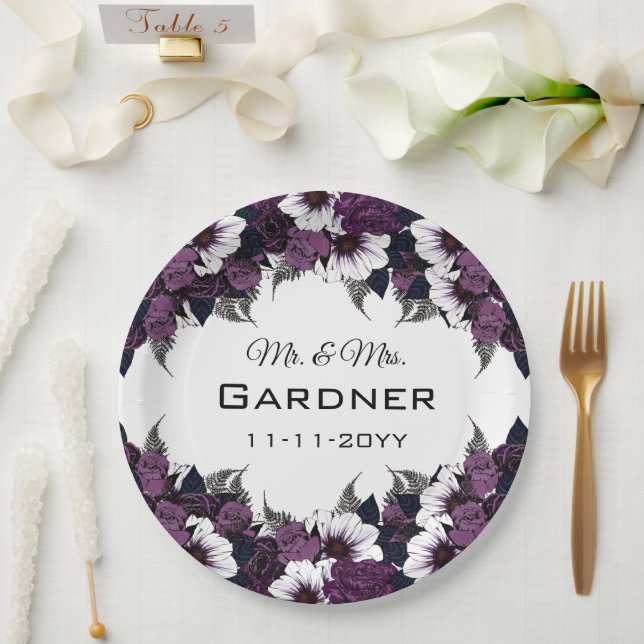 Plato De Papel Boda floral blanco morado moderno (Boda)