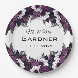 Plato De Papel Boda floral blanco morado moderno