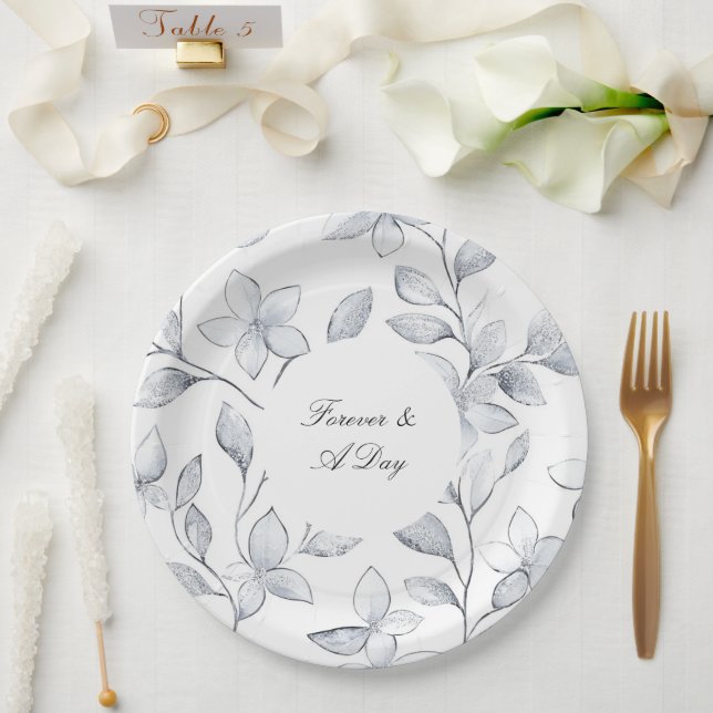 Plato De Papel Boda floral blanco plateado de moda (Boda)