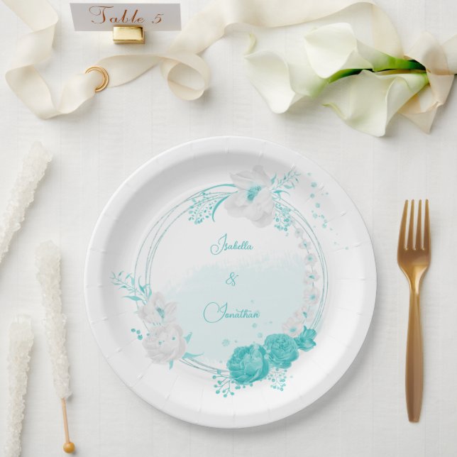 Plato De Papel boda floral blanco turquesa (Boda)