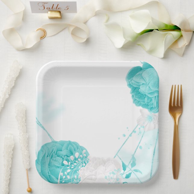 Plato De Papel boda floral blanco turquesa (Boda)