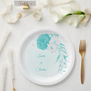 Plato De Papel boda floral blanco turquesa