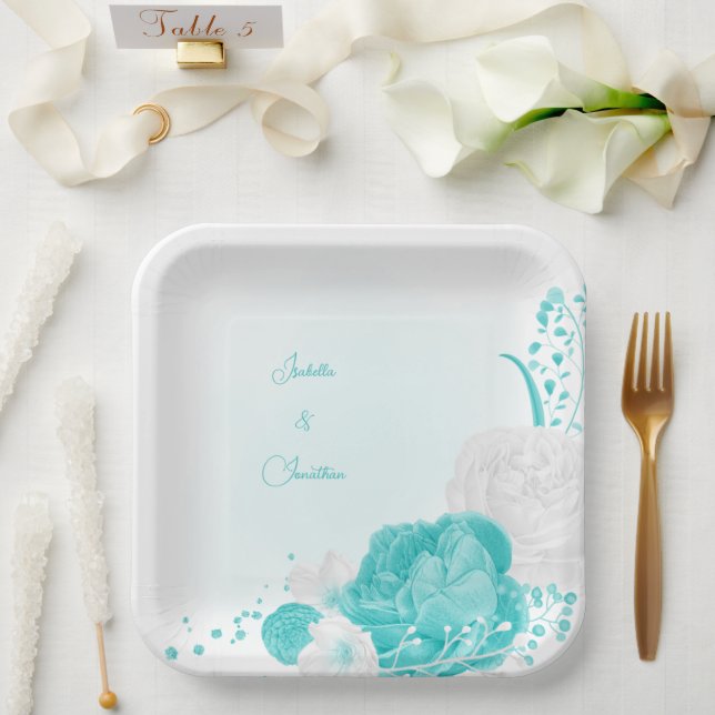 Plato De Papel boda floral blanco turquesa (Boda)