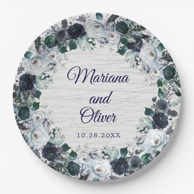 Plato De Papel Boda floral boho azul marino (Anverso)