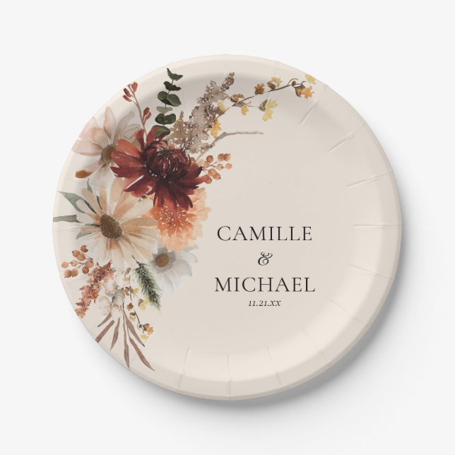 Plato De Papel Boda floral boho de Borgoña (Anverso)