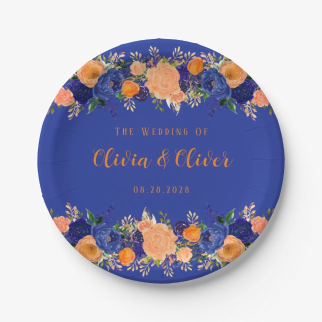Plato De Papel Boda Floral Botánica Azul y Naranja de la Marina (Anverso)