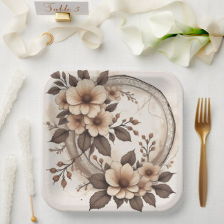 Plato De Papel Boda floral botánica sepia vintage en cuadrado