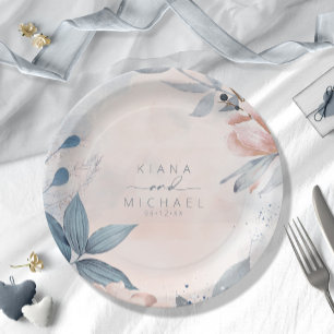 Plato De Papel Boda floral caligrafía Dusty Blue ID771
