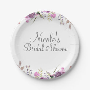 Plato De Papel Boda floral de acuarela de lila lavanda púrpura