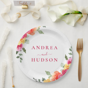 Plato De Papel Boda floral de acuarela rosa vibrante