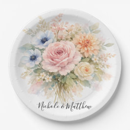 Plato De Papel Boda floral de acuarela suave