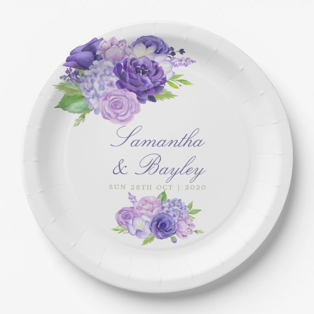 Plato De Papel Boda floral de acuarela ultra violeta (Anverso)