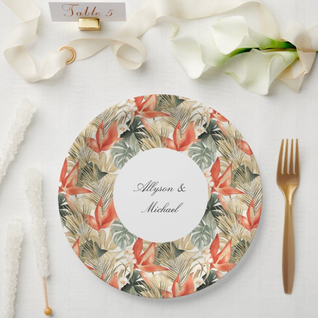 Plato De Papel Boda floral de antrurio Naranja tropical (Boda)
